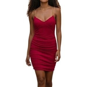 🆕 PRETTYLITTLETHING Hot Pink Ruched Bodycon Mini Dress‎ Gold Chain Straps NWT 6